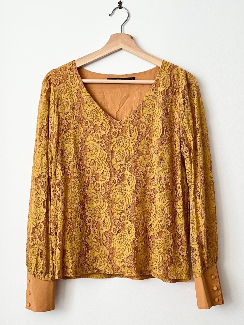 Hazel Anthropologie Women's Lace Blouse Yellow Size L Romantic Boho Fall Autumn